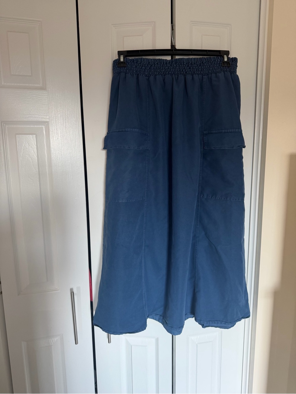 Blue Womens Cargo Midi Skirt - Casual Elastic Waist